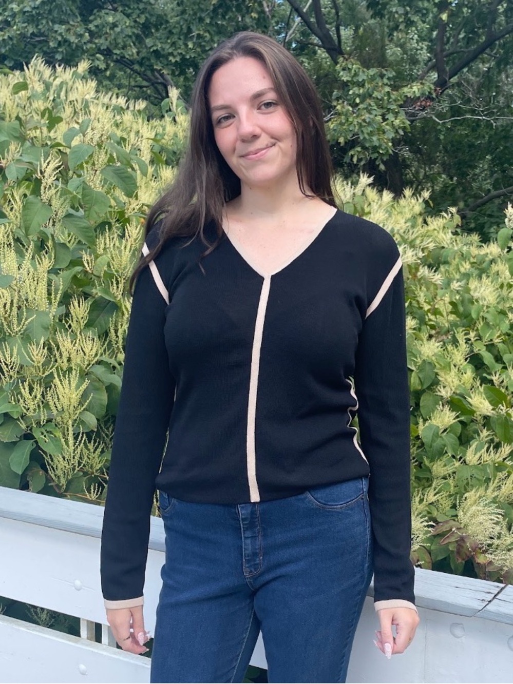 Black V-Neck Sweater with Cream Contrast Trim